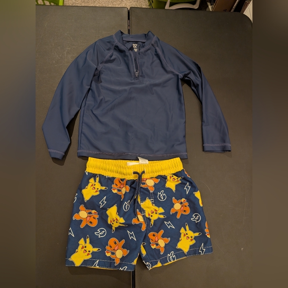 Carter's Boy Navy Blue Rash Guard & Pokemon Pikachu Swim Trucks in Size 4